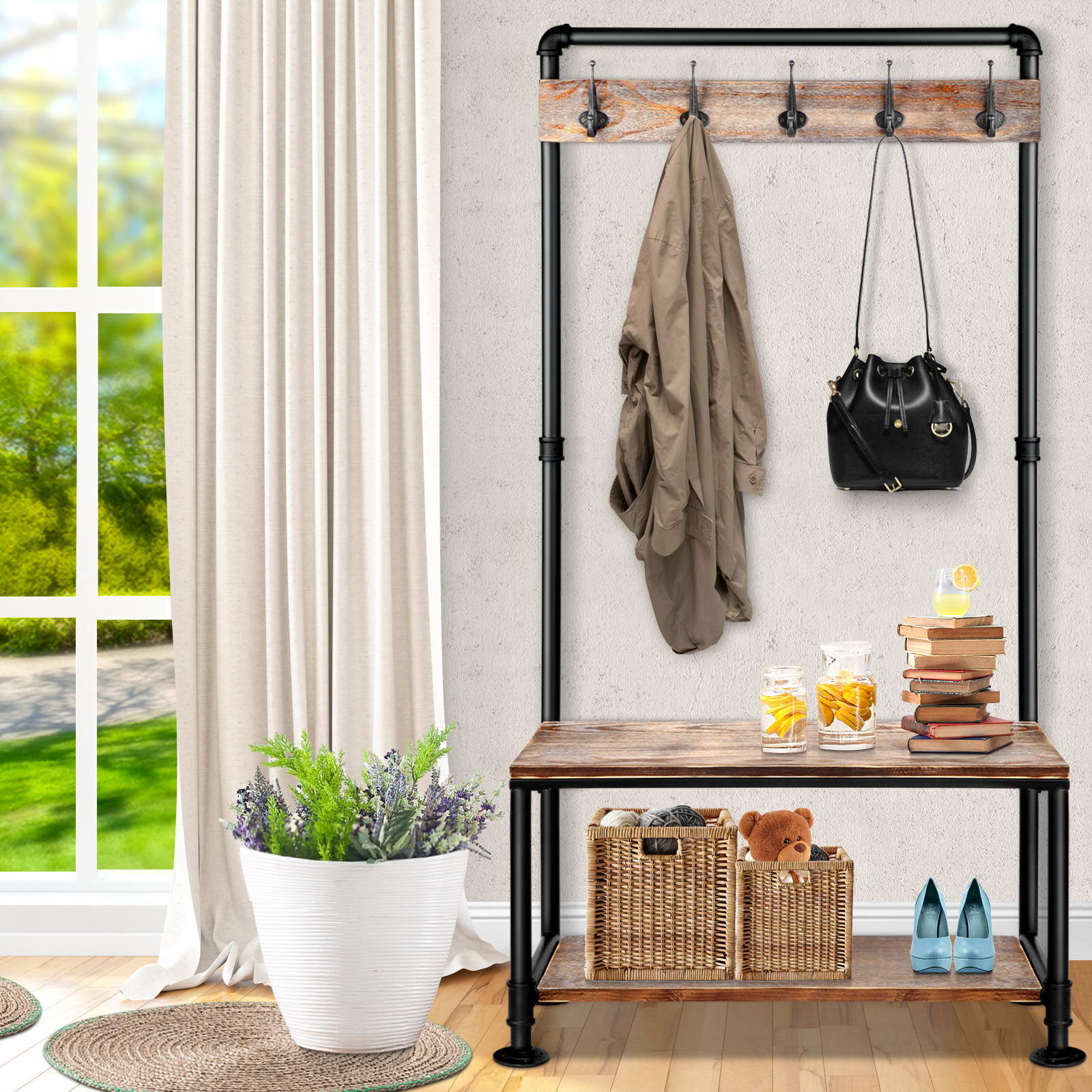 Rustic 161cm Clothes Rack Coat Stand Industrial Pipe & Wood