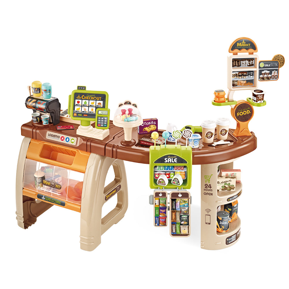 Keezi 52-Piece Kids Supermarket Playset Cash Register Brown