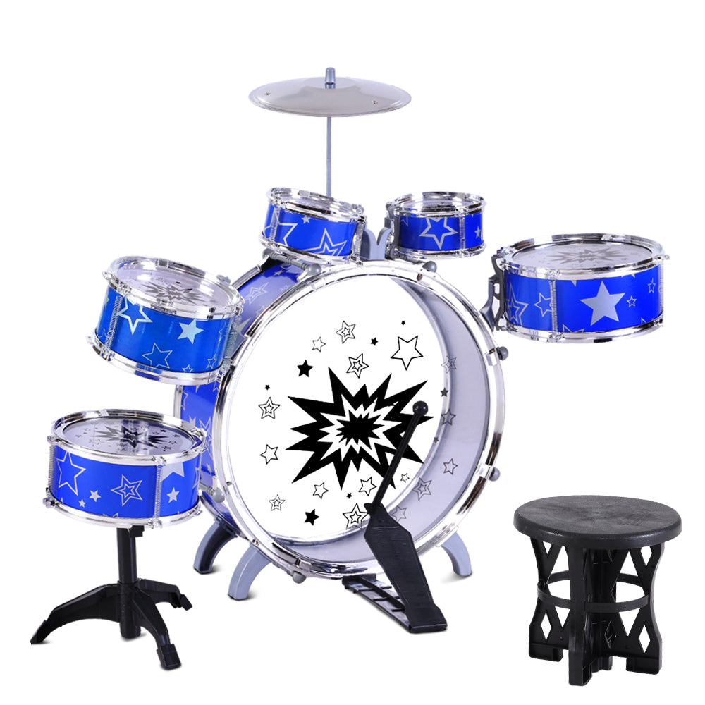 Keezi 11 Piece Kids Drum Set with Drummer Stool, Blue
