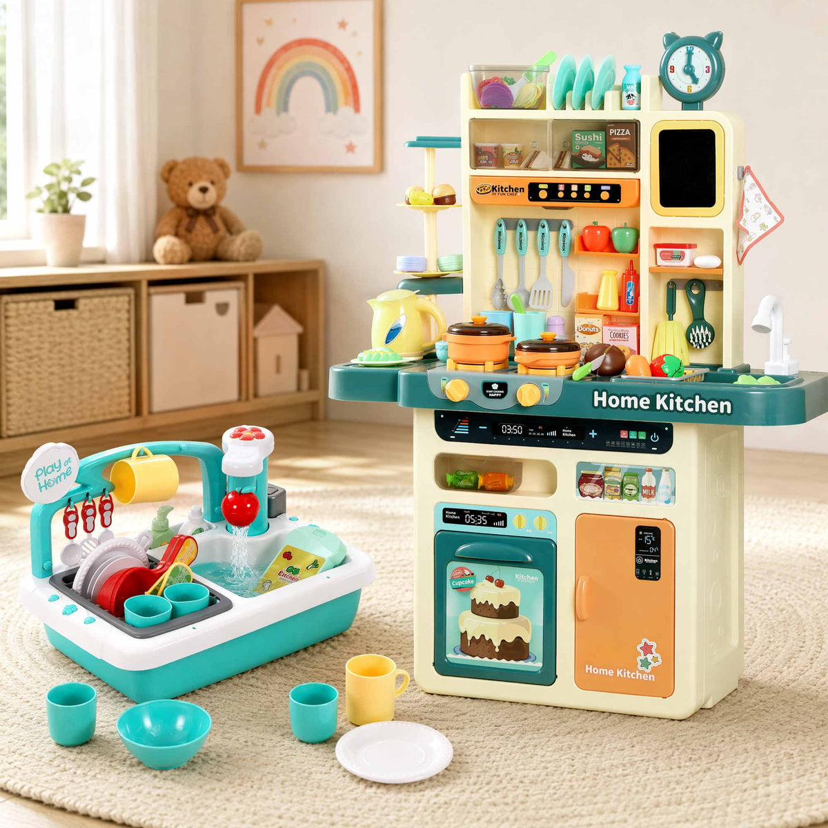 Keezi 2 Piece Kids Pretend Kitchen and Washing Playset