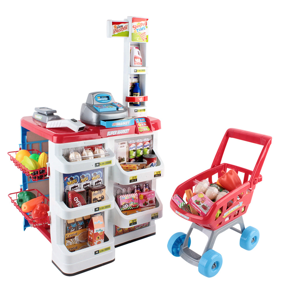 Keezi Kids Supermarket Playset 24-Piece Cash Register Trolley Red & White