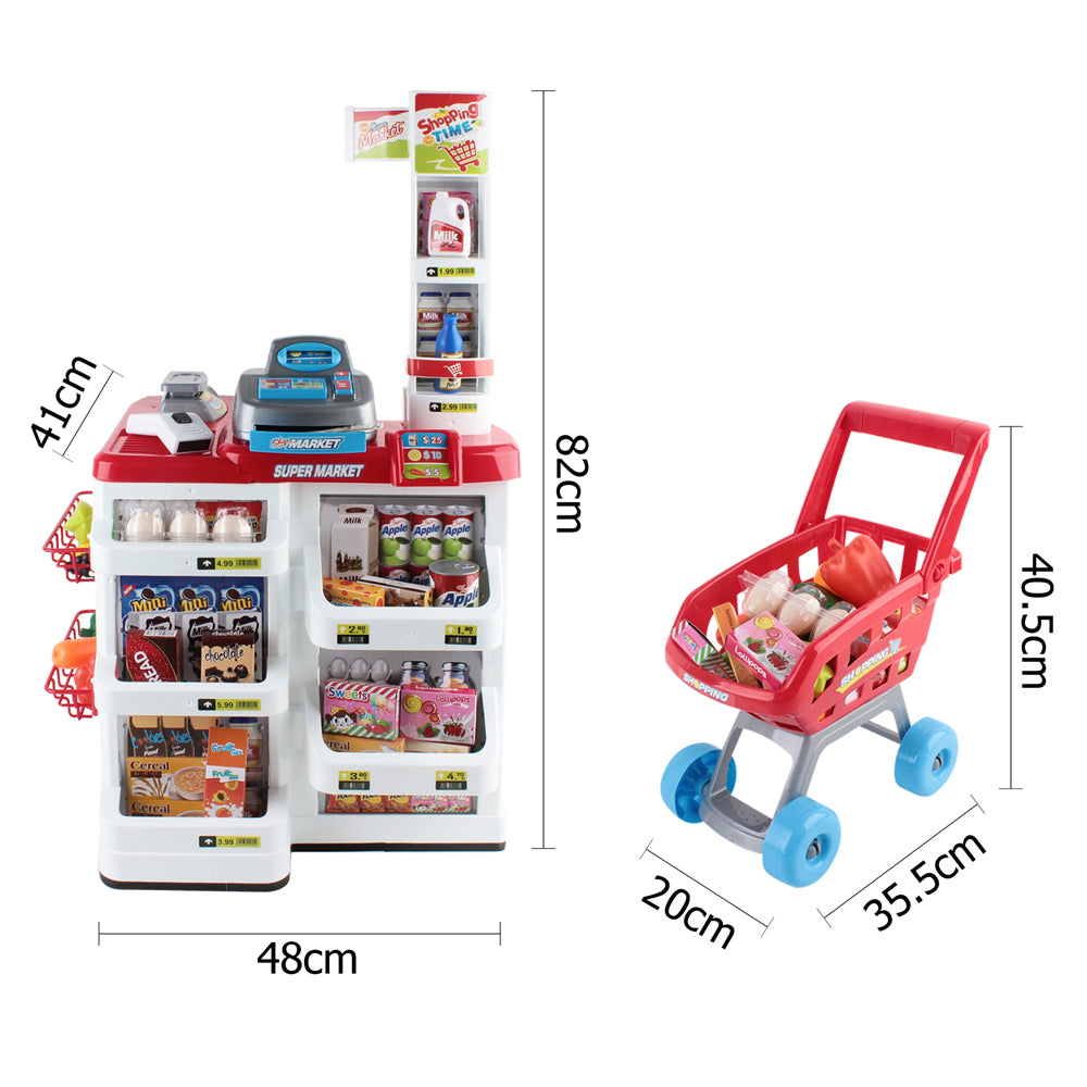 Keezi Kids Supermarket Playset 24-Piece Cash Register Trolley Red & White