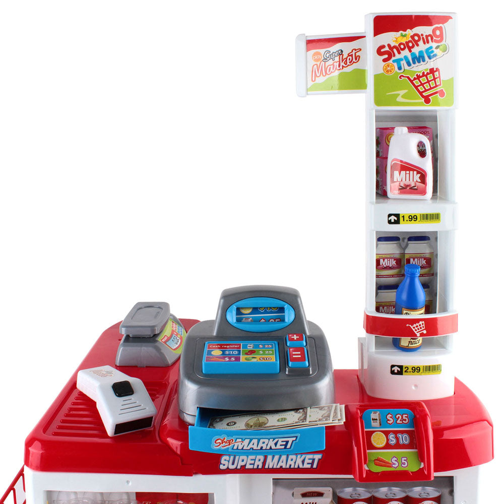 Keezi Kids Supermarket Playset 24-Piece Cash Register Trolley Red & White