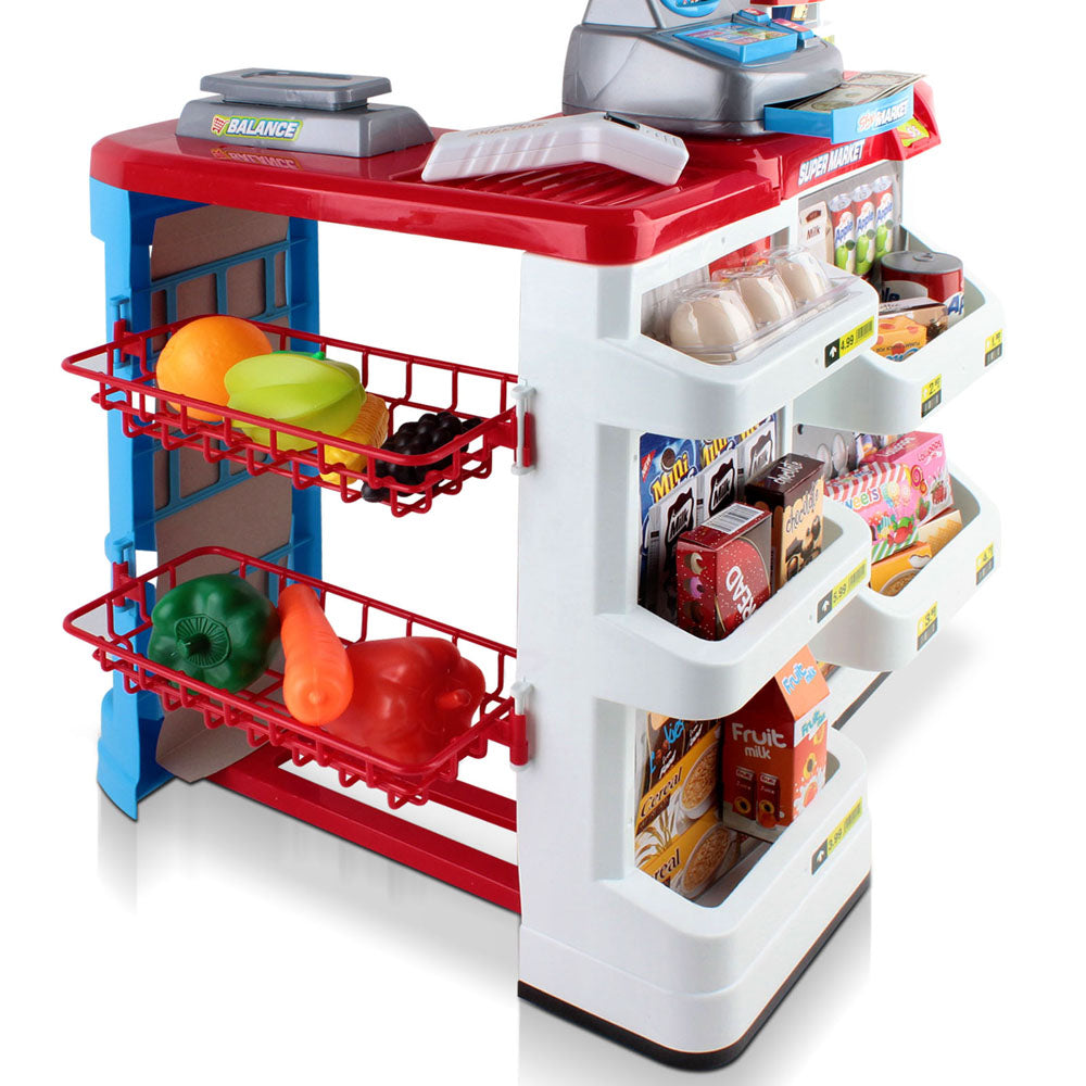 Keezi Kids Supermarket Playset 24-Piece Cash Register Trolley Red & White
