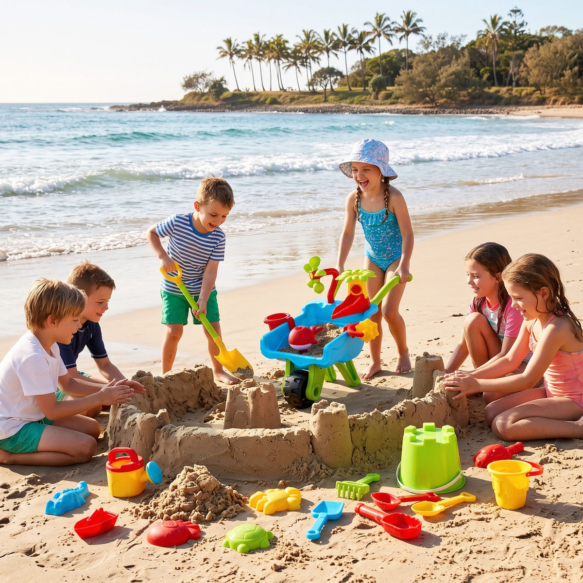 Keezi Kids Sandpit Beach Toy Set with Wheelbarrow and Shovels