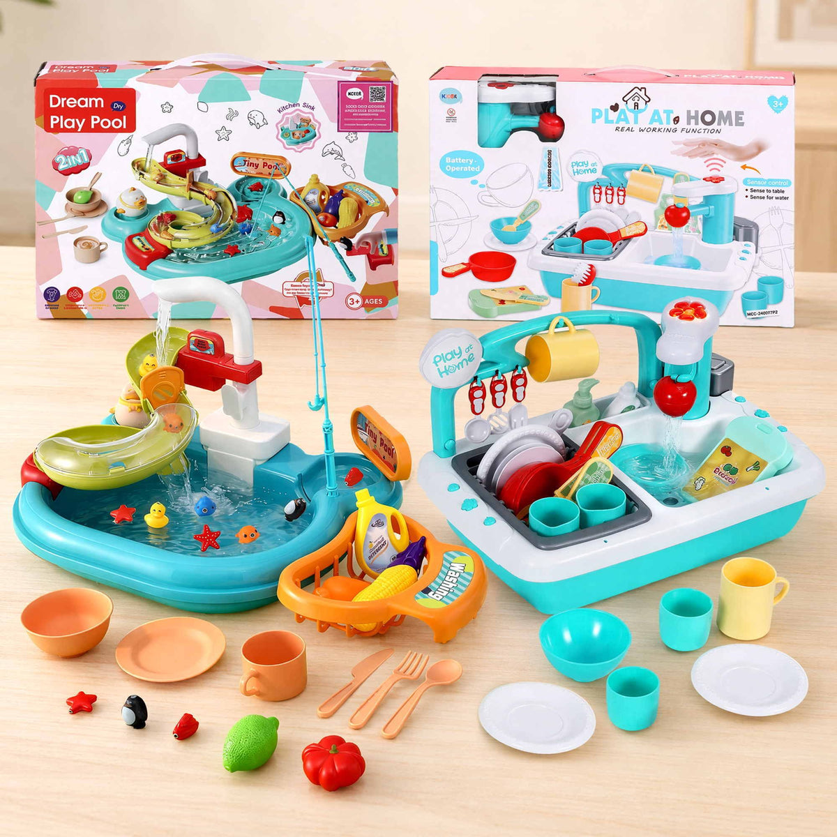 Keezi Kids Pretend Kitchen and Water Playset with Fishing Game