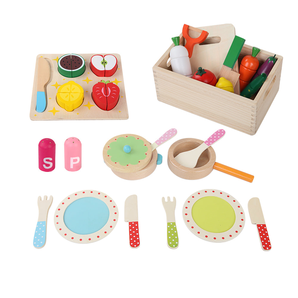 Keezi Wooden Kids Kitchen Playset 29-Piece Pretend Cooking Toys