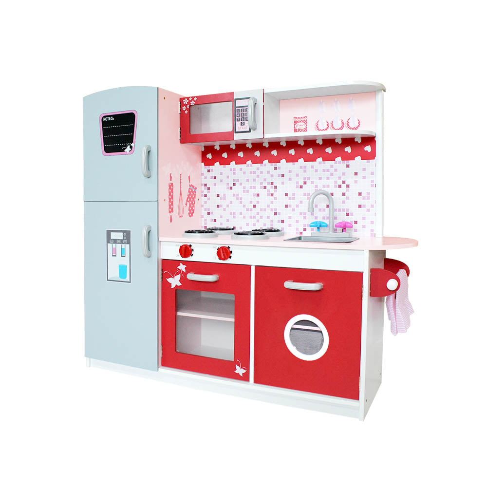 Keezi Wooden Kids Kitchen Playset Fridge Oven Pink Red