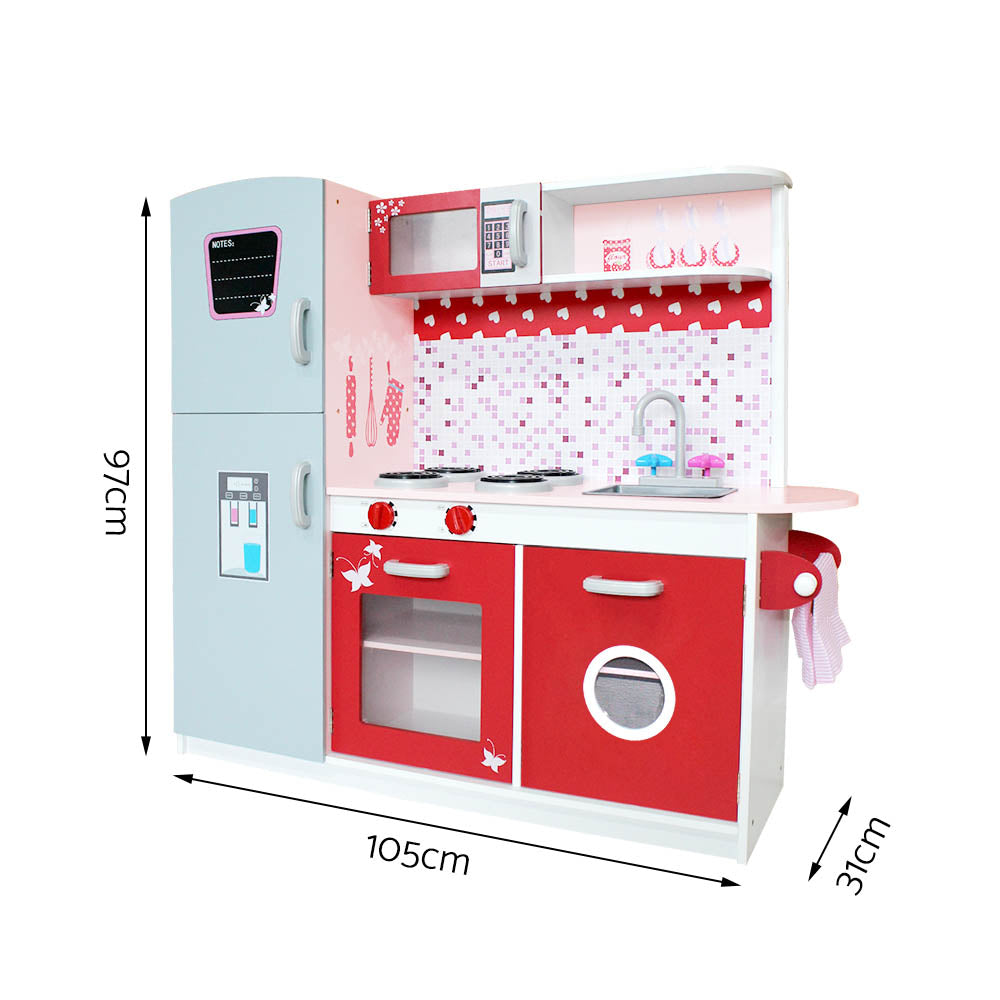 Keezi Wooden Kids Kitchen Playset Fridge Oven Pink Red