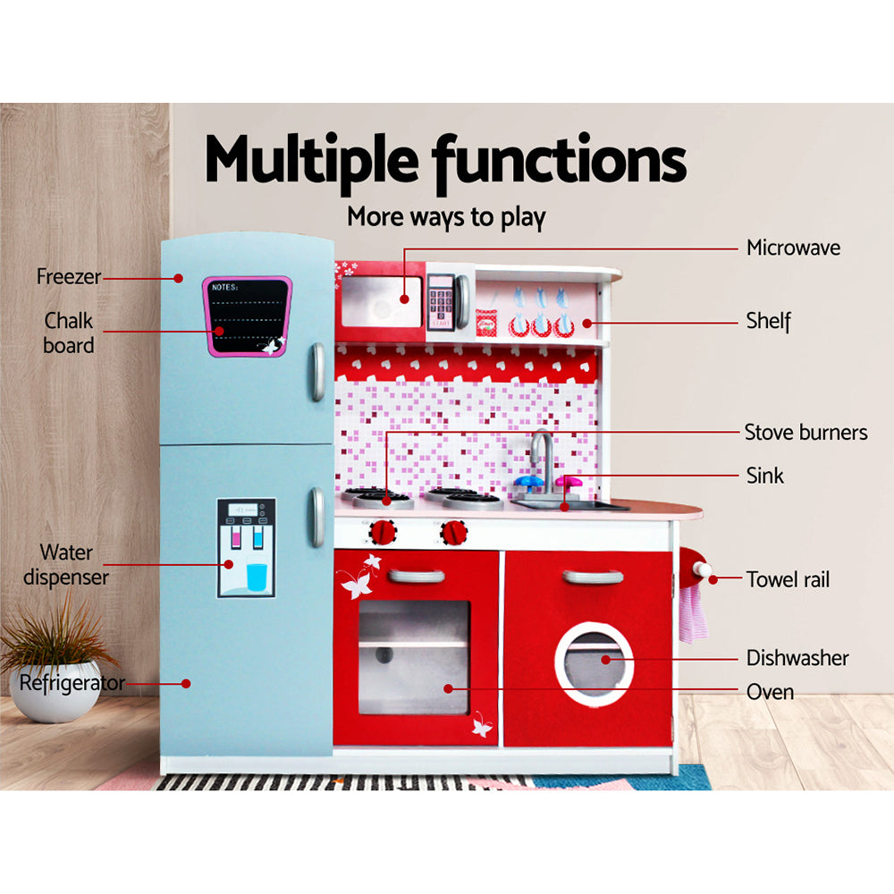 Keezi Wooden Kids Kitchen Playset Fridge Oven Pink Red