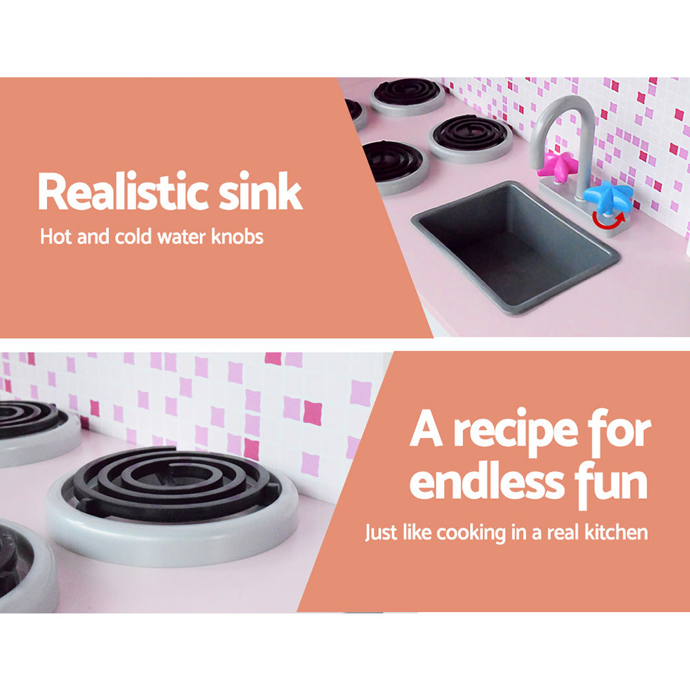 Keezi Wooden Kids Kitchen Playset Fridge Oven Pink Red