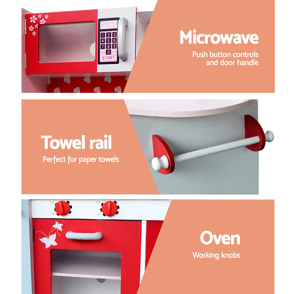 Keezi Wooden Kids Kitchen Playset Fridge Oven Pink Red