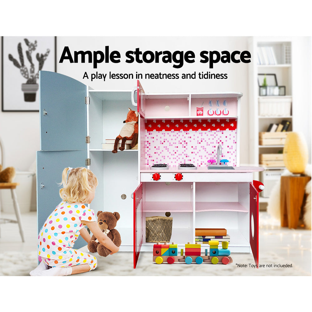 Keezi Wooden Kids Kitchen Playset Fridge Oven Pink Red
