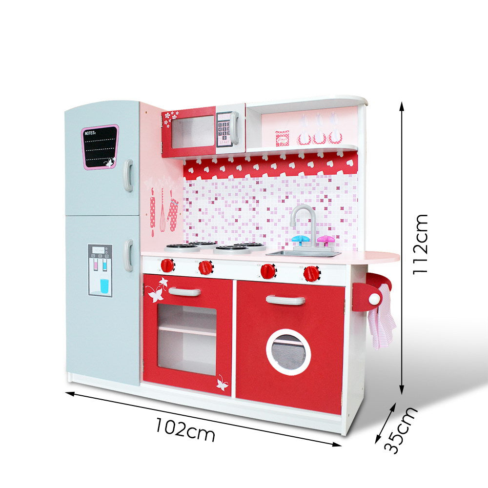 Keezi Wooden Kids Kitchen Playset Fridge Oven Pink Red