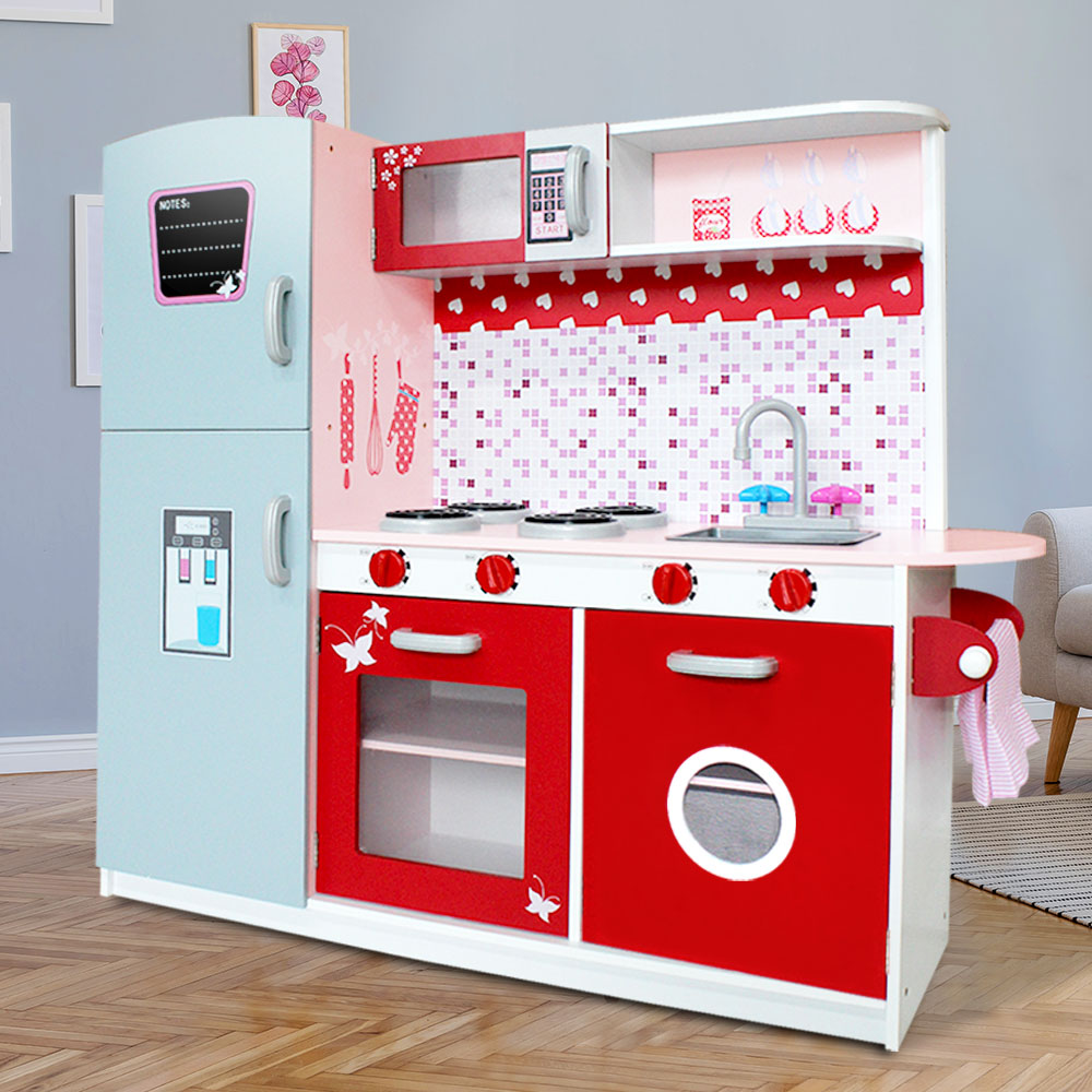 Keezi Wooden Kids Kitchen Playset Fridge Oven Pink Red