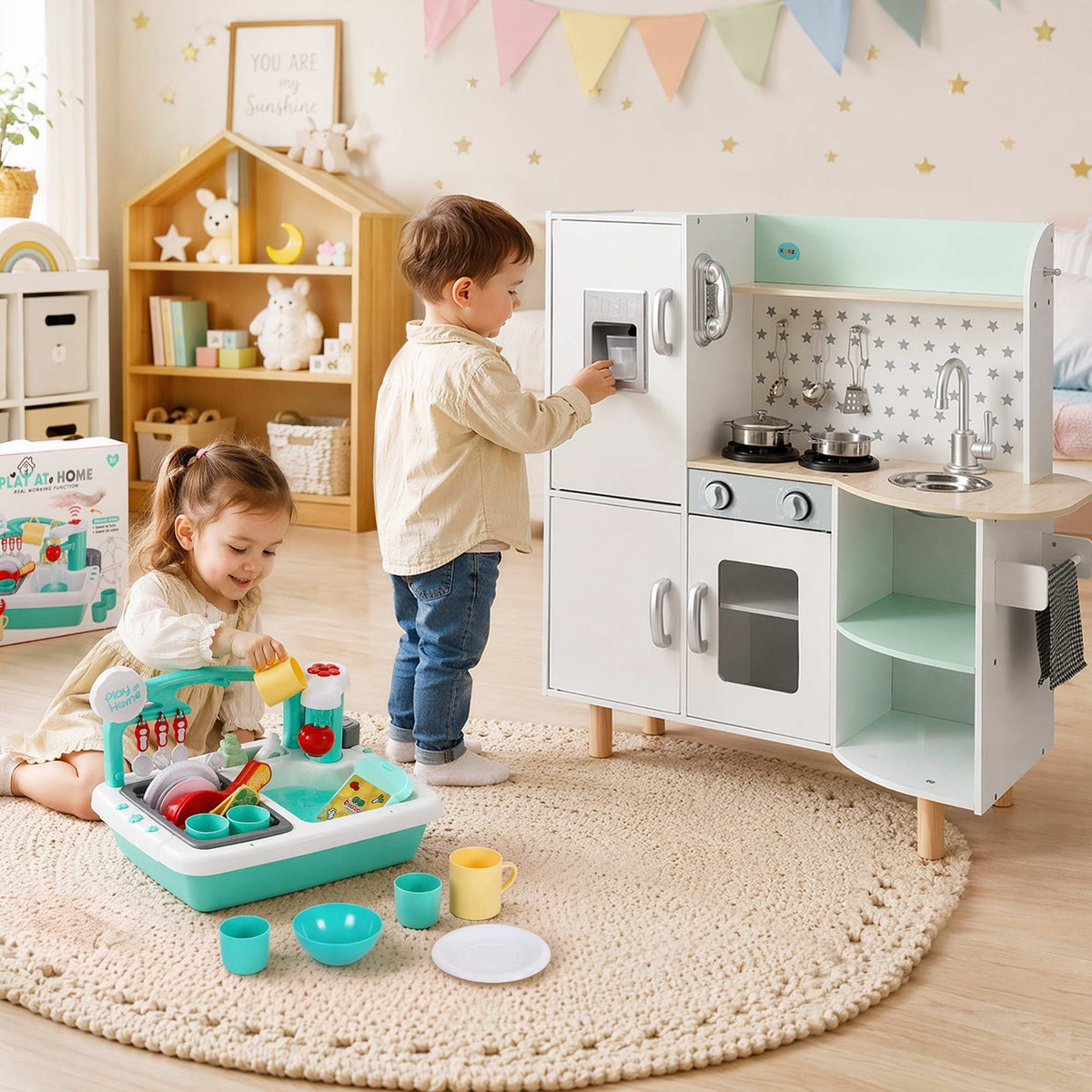 Keezi Kid Pretend Kitchen Wooden Play Sink Playset Green