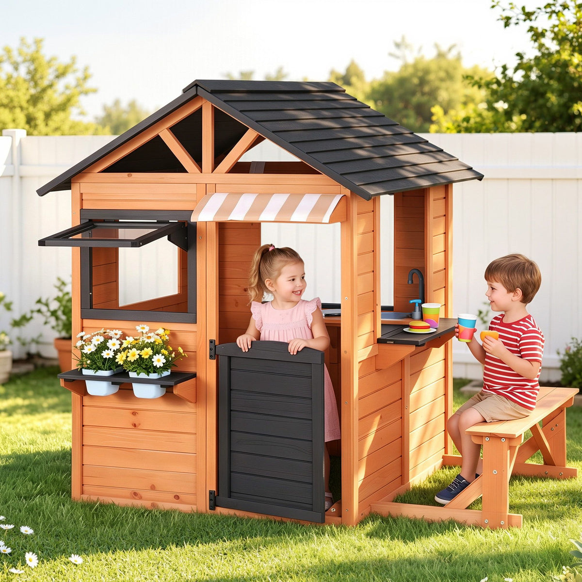Keezi Kids Wooden Pretend Kitchen Cubby House with Side Bench