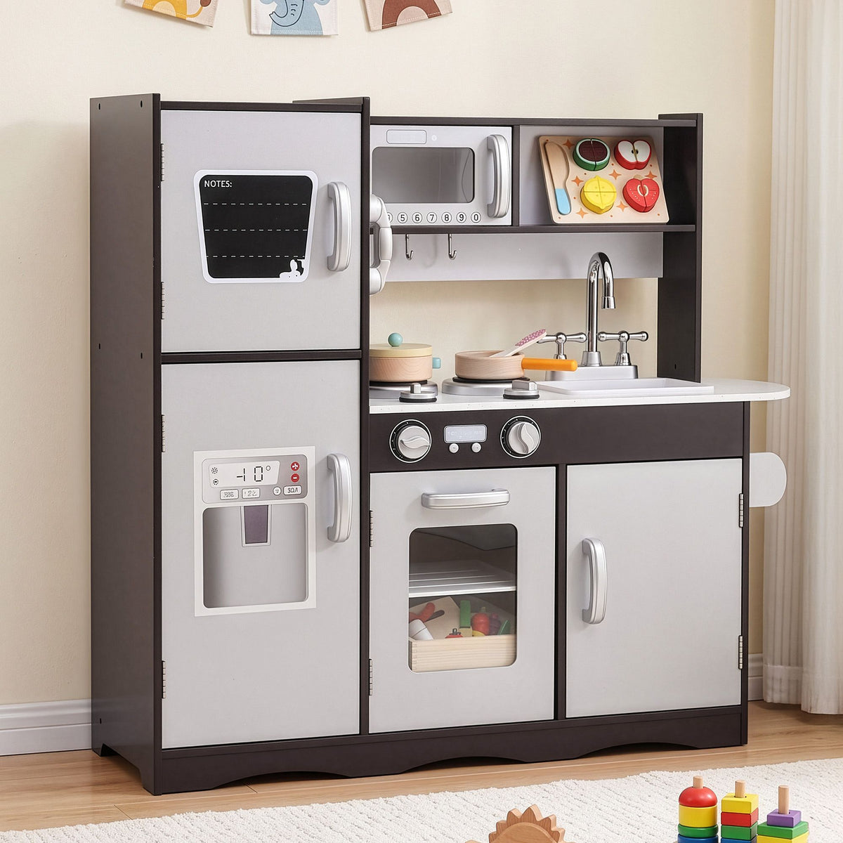 Keezi Kids Play Kitchen With 29-Piece Wooden Play Food Set