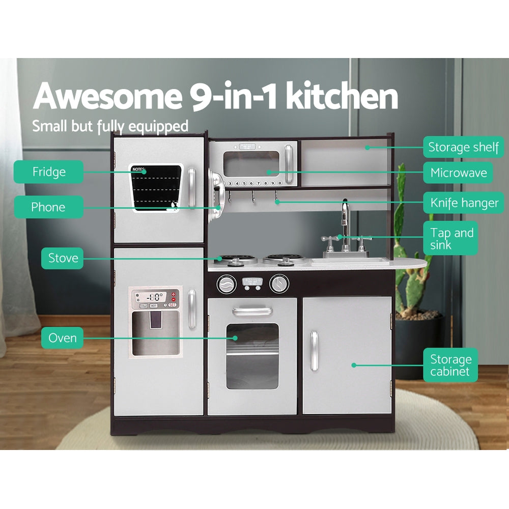 Keezi Kids Wooden Kitchen Play Set Dark Brown Silver