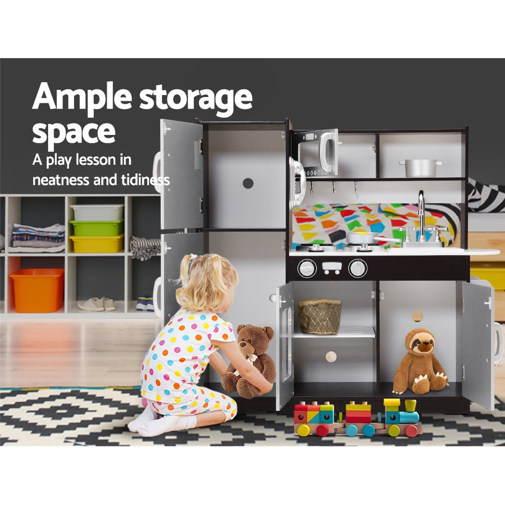 Keezi Kids Wooden Kitchen Play Set Dark Brown Silver