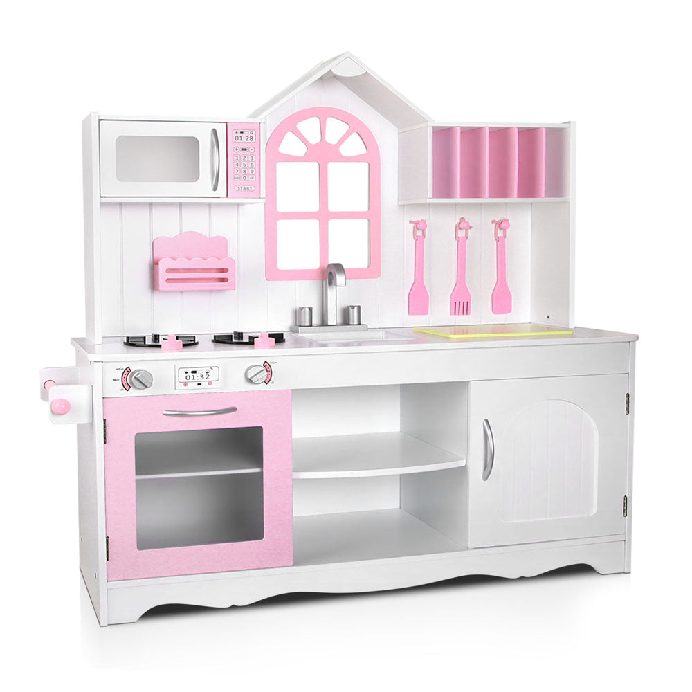 Keezi Wooden Kids Kitchen Play Set White Pink