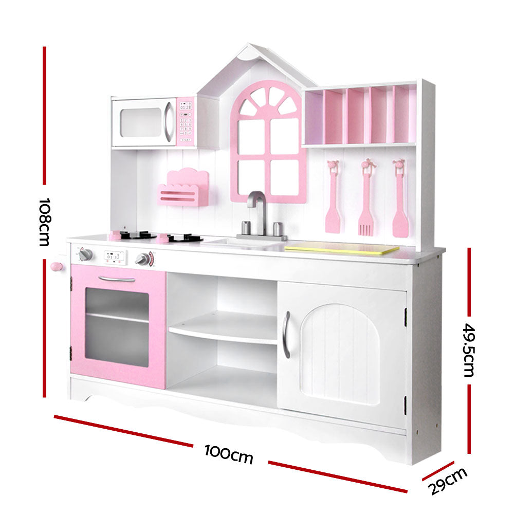 Keezi Wooden Kids Kitchen Play Set White Pink