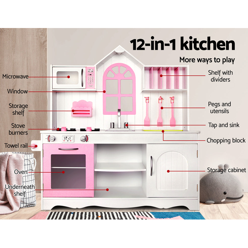 Keezi Wooden Kids Kitchen Play Set White Pink