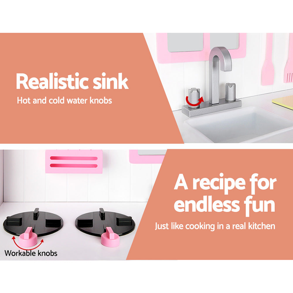 Keezi Wooden Kids Kitchen Play Set White Pink