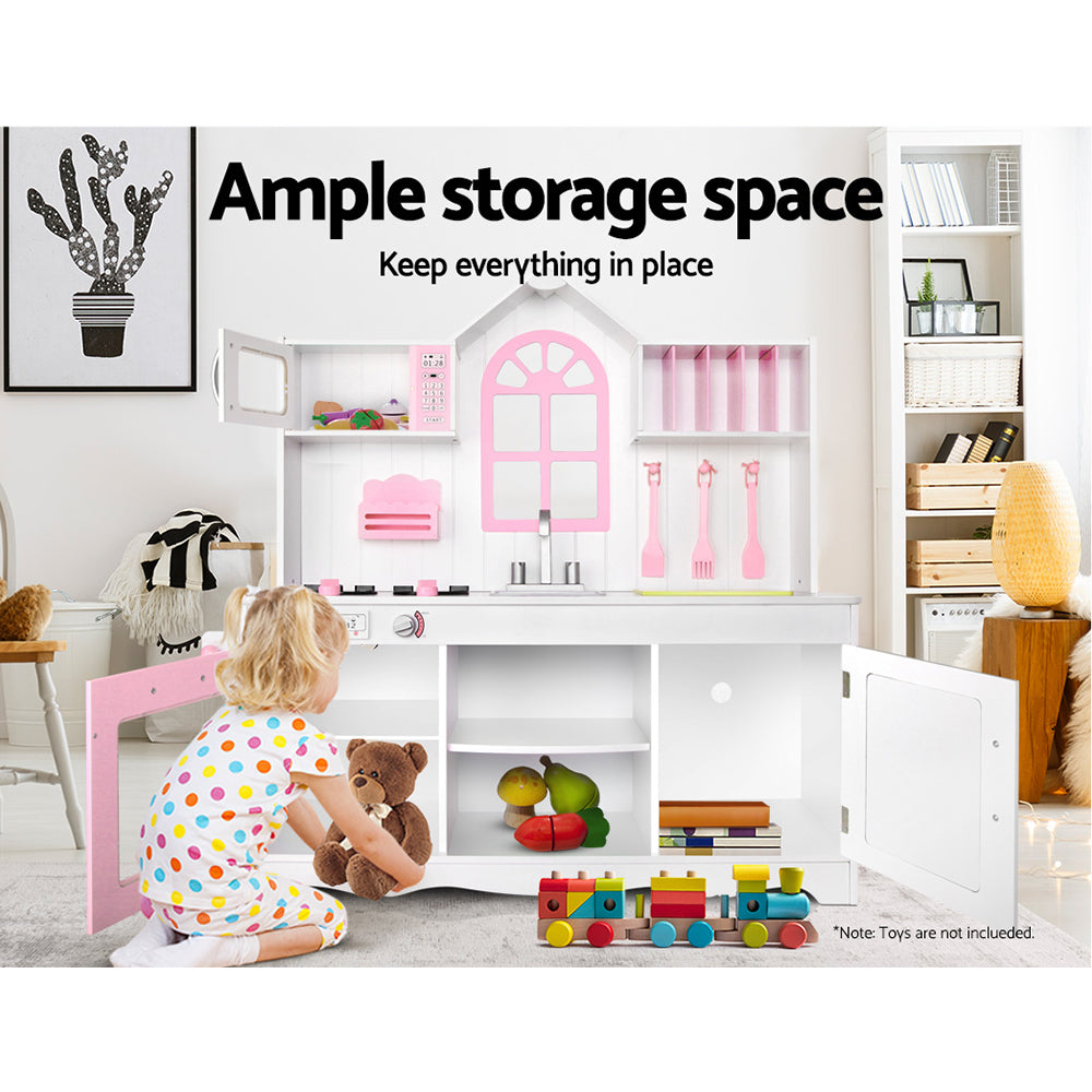 Keezi Wooden Kids Kitchen Play Set White Pink