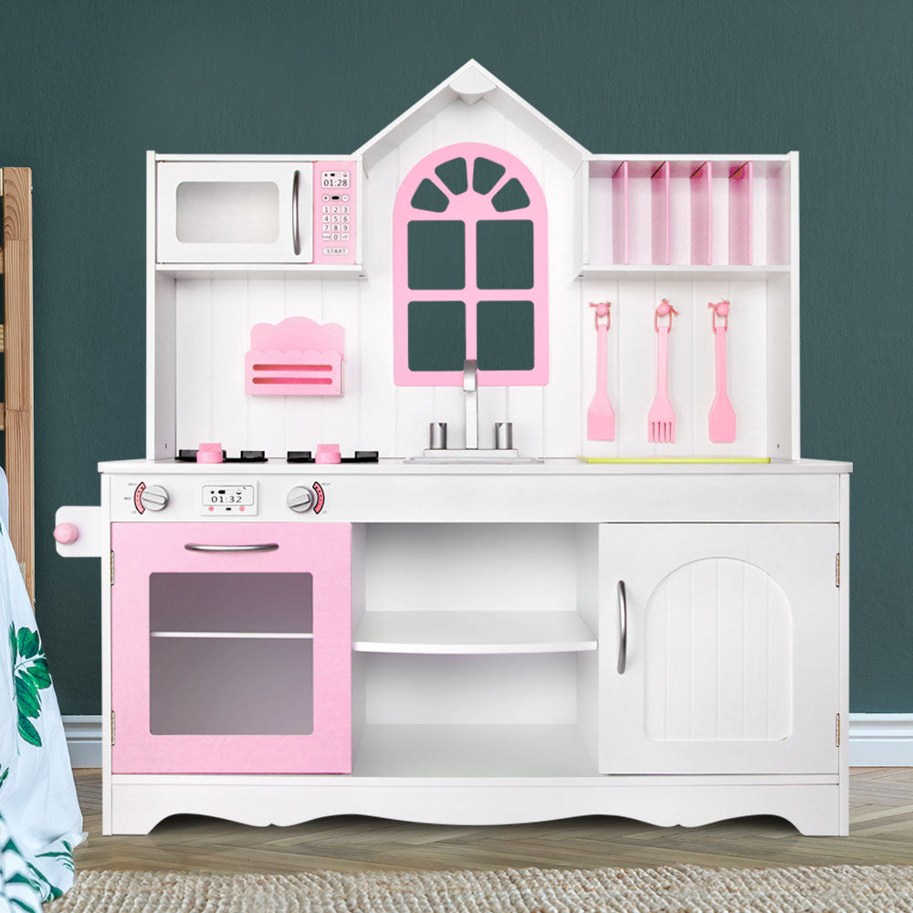 Keezi Wooden Kids Kitchen Play Set White Pink