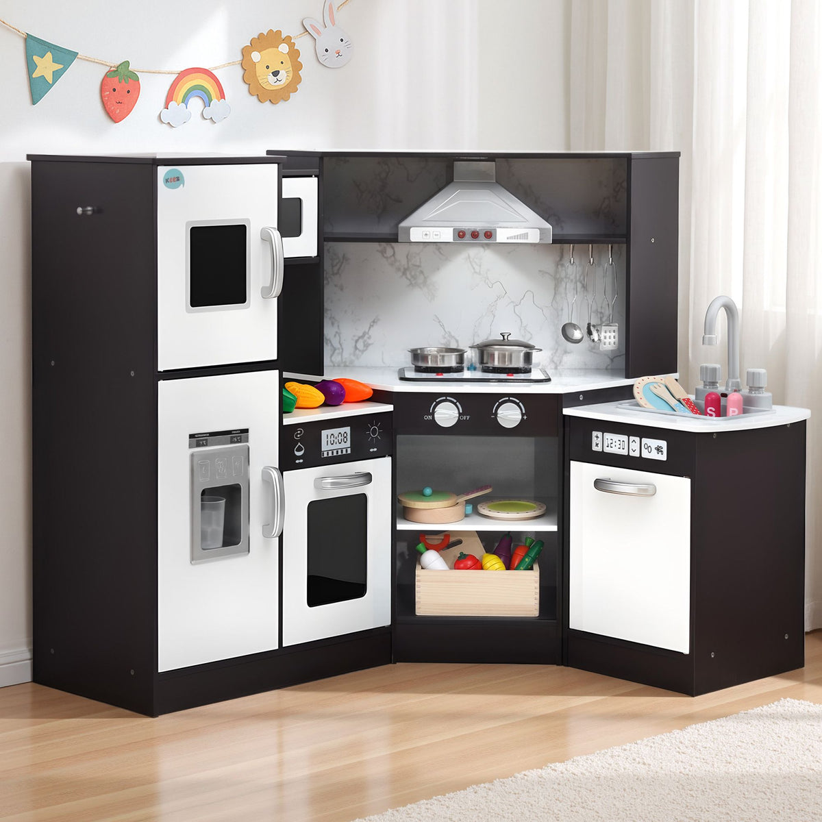 Keezi Kids Wooden Corner Kitchen Playset 29pc Food Set Black White
