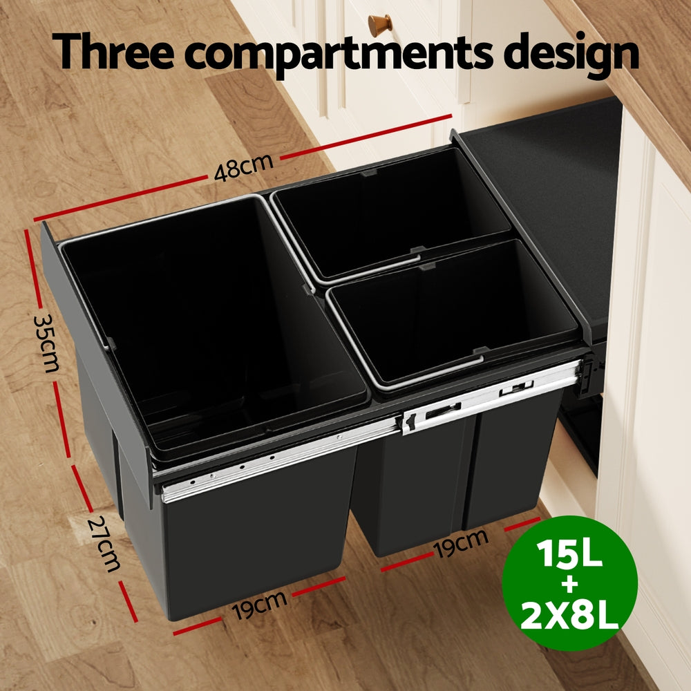 Cefito Triple Slide Pull-Out Kitchen Bins 31L Black