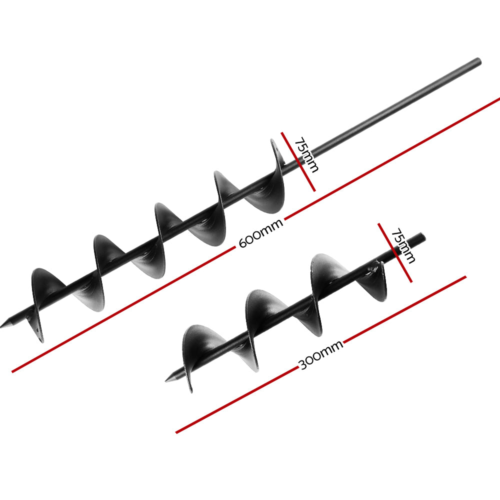 Giantz Garden Auger Drill Bit Set 75mm x 300mm & 600mm Black