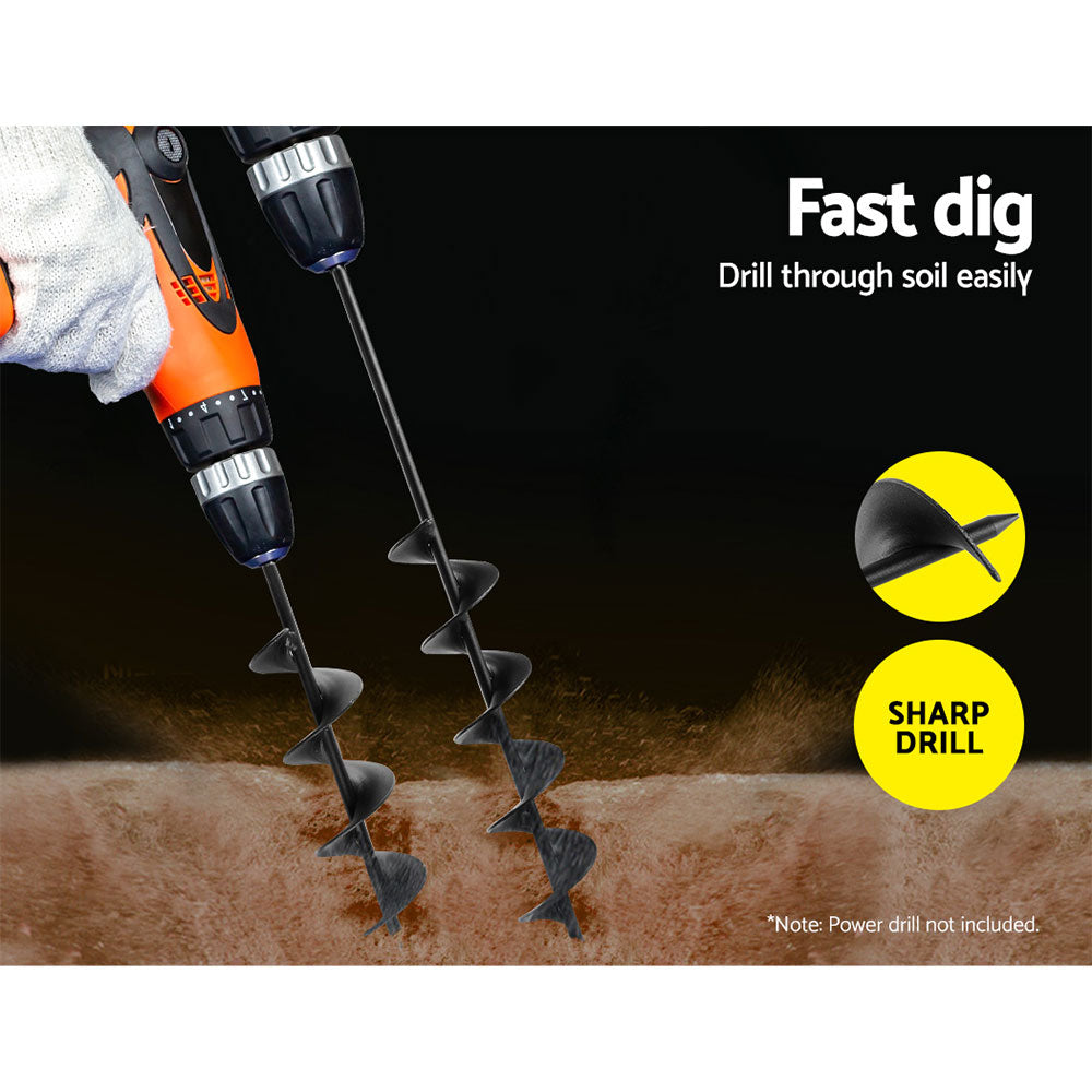Giantz Garden Auger Drill Bit Set 75mm x 300mm & 600mm Black