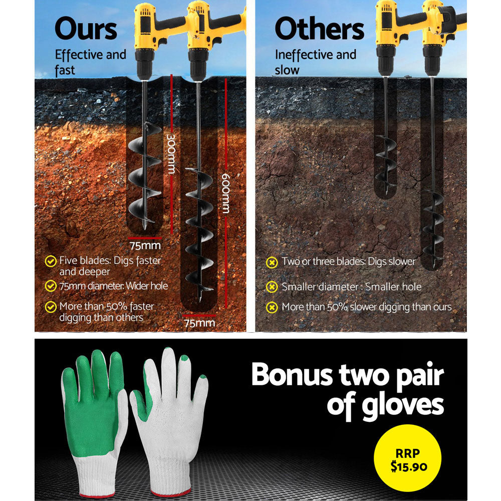 Giantz Garden Auger Drill Bit Set 75mm x 300mm & 600mm Black