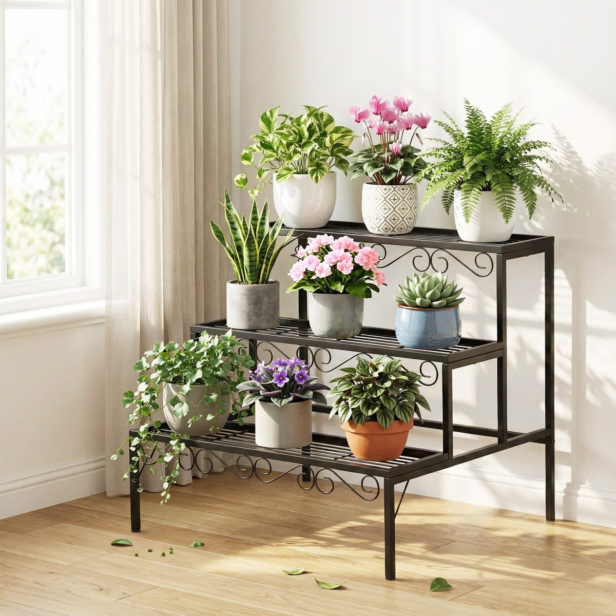 Artiss 3 Tier Metal Plant Stand Black Corner Shelf