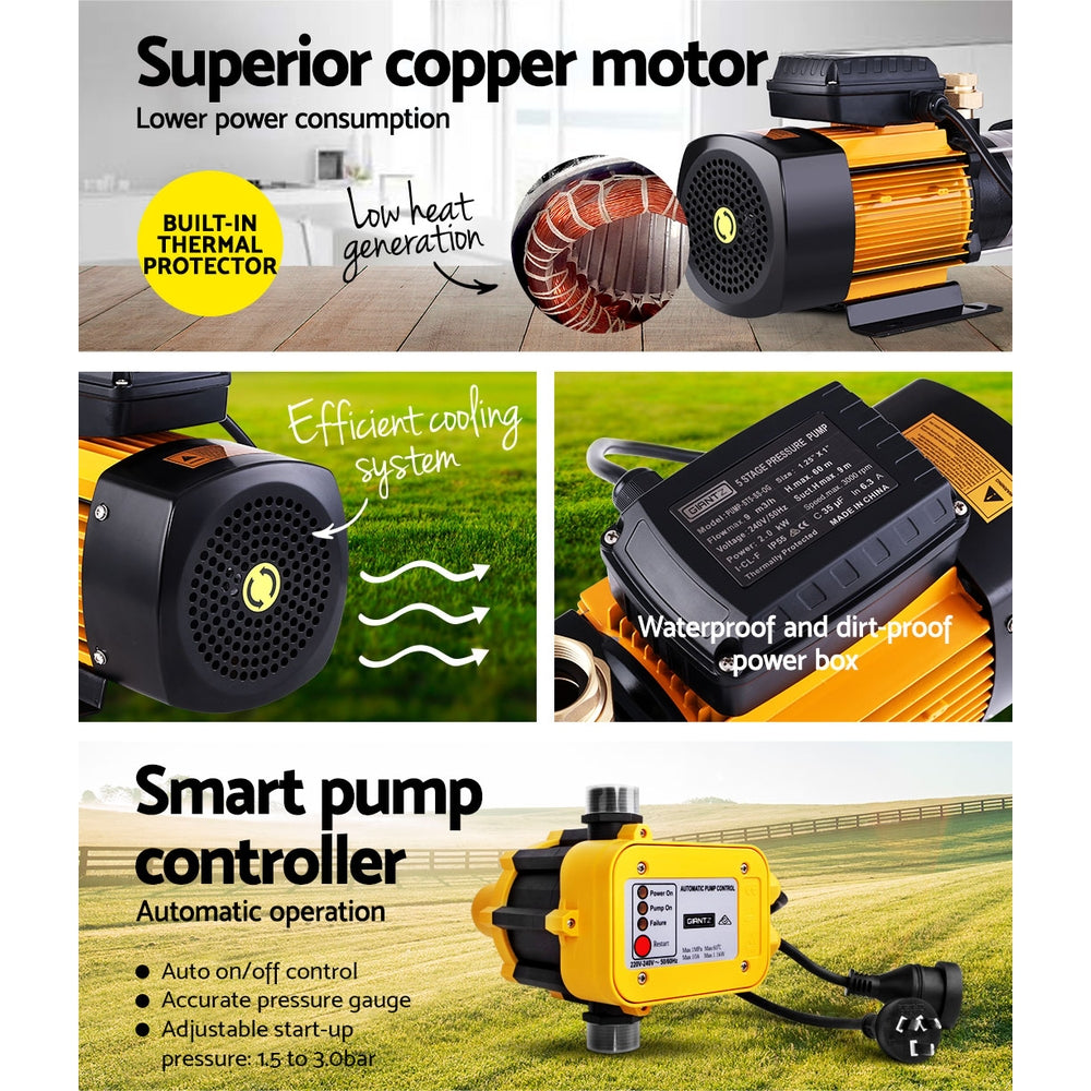 Giantz 2000W 5-Stage High Pressure Garden Water Pump Yellow