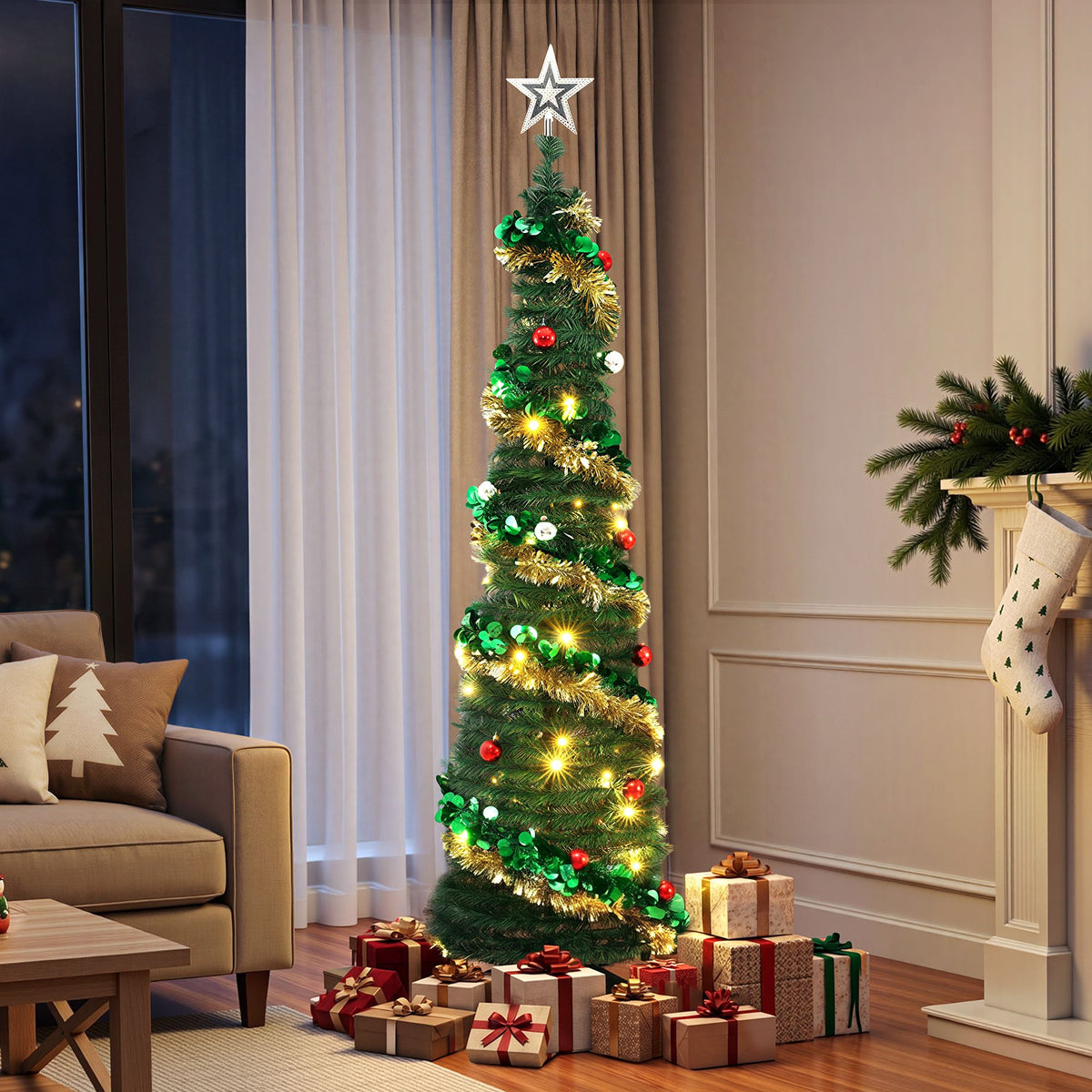 Jingle Jollys Pop Up Christmas Tree Pre Decorated 160cm Warm White