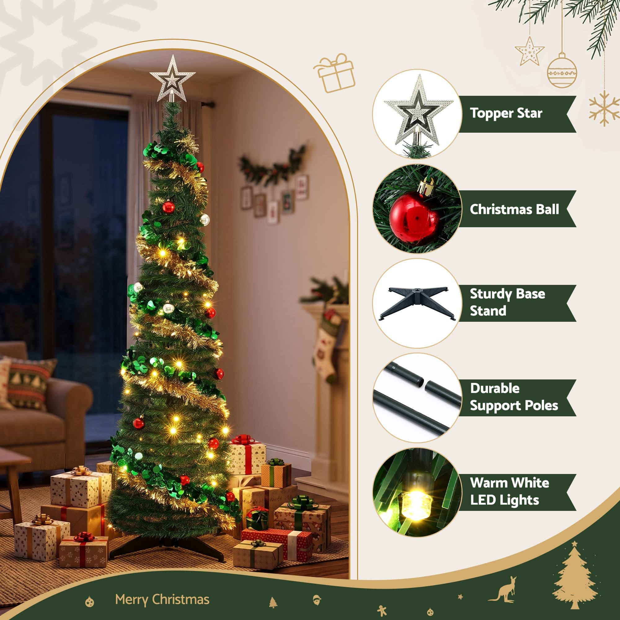 Jingle Jollys Pop Up Christmas Tree Pre Decorated Warm White LED 160cm
