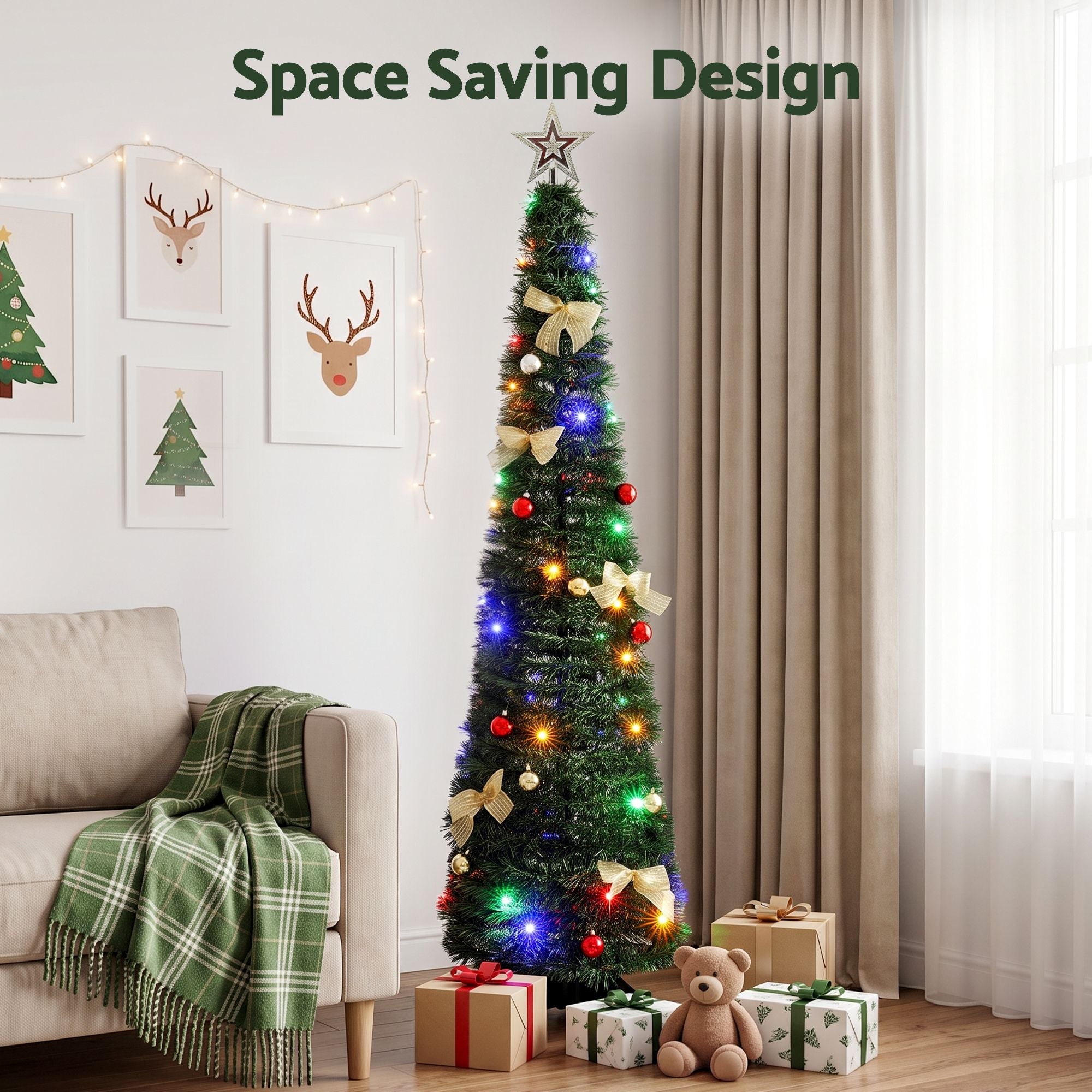 Jingle Jollys Pop Up Christmas Tree Pre Decorated Multicolour LED 155cm