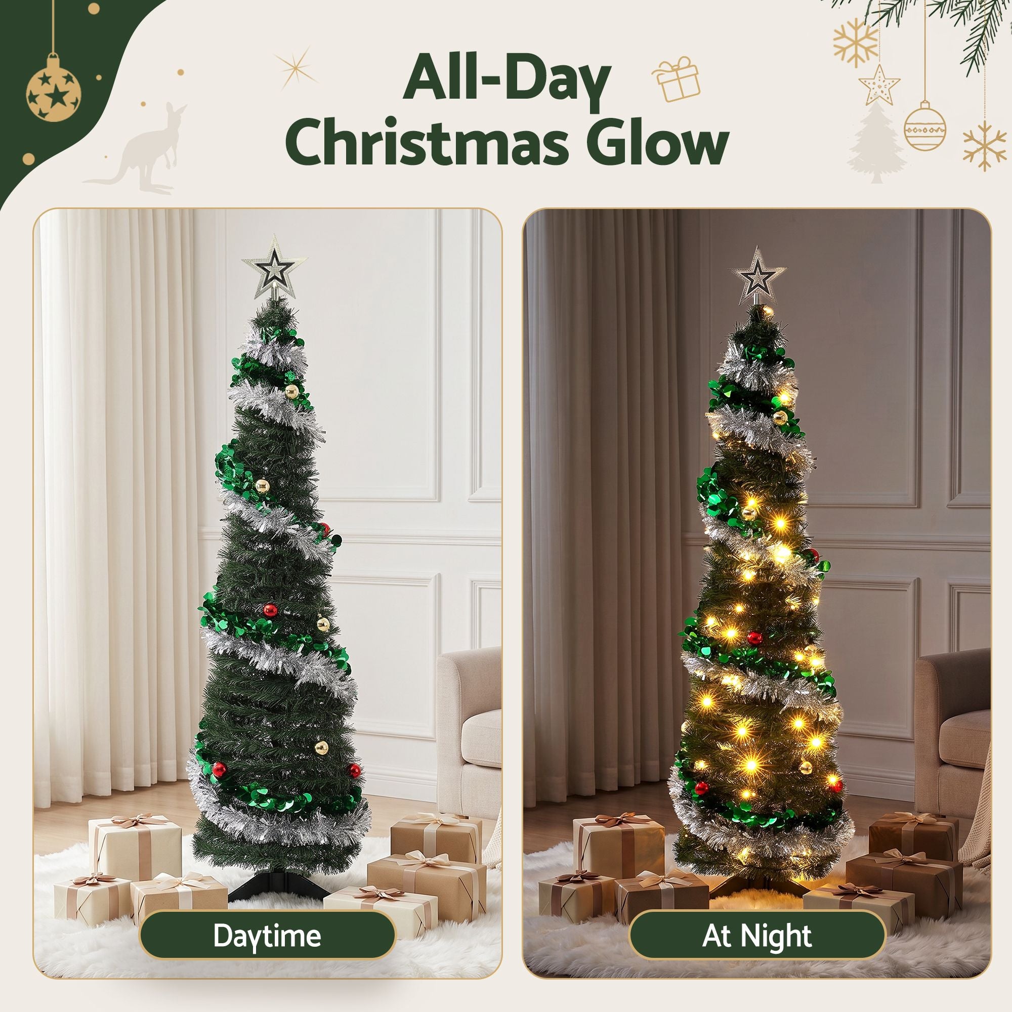Jingle Jollys Pop Up Christmas Tree Pre Decorated Warm White LED 155cm