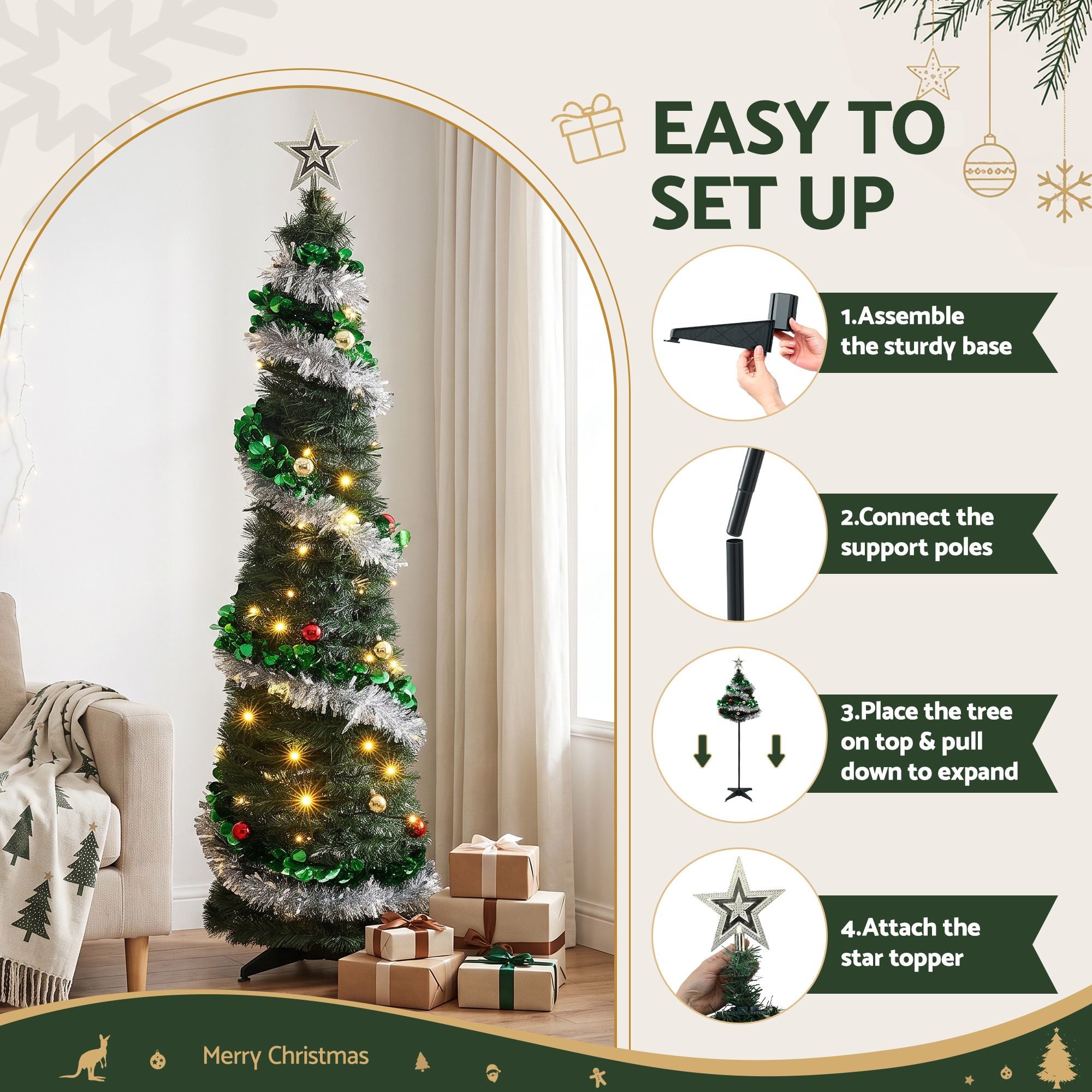 Jingle Jollys Pop Up Christmas Tree Pre Decorated Warm White LED 155cm