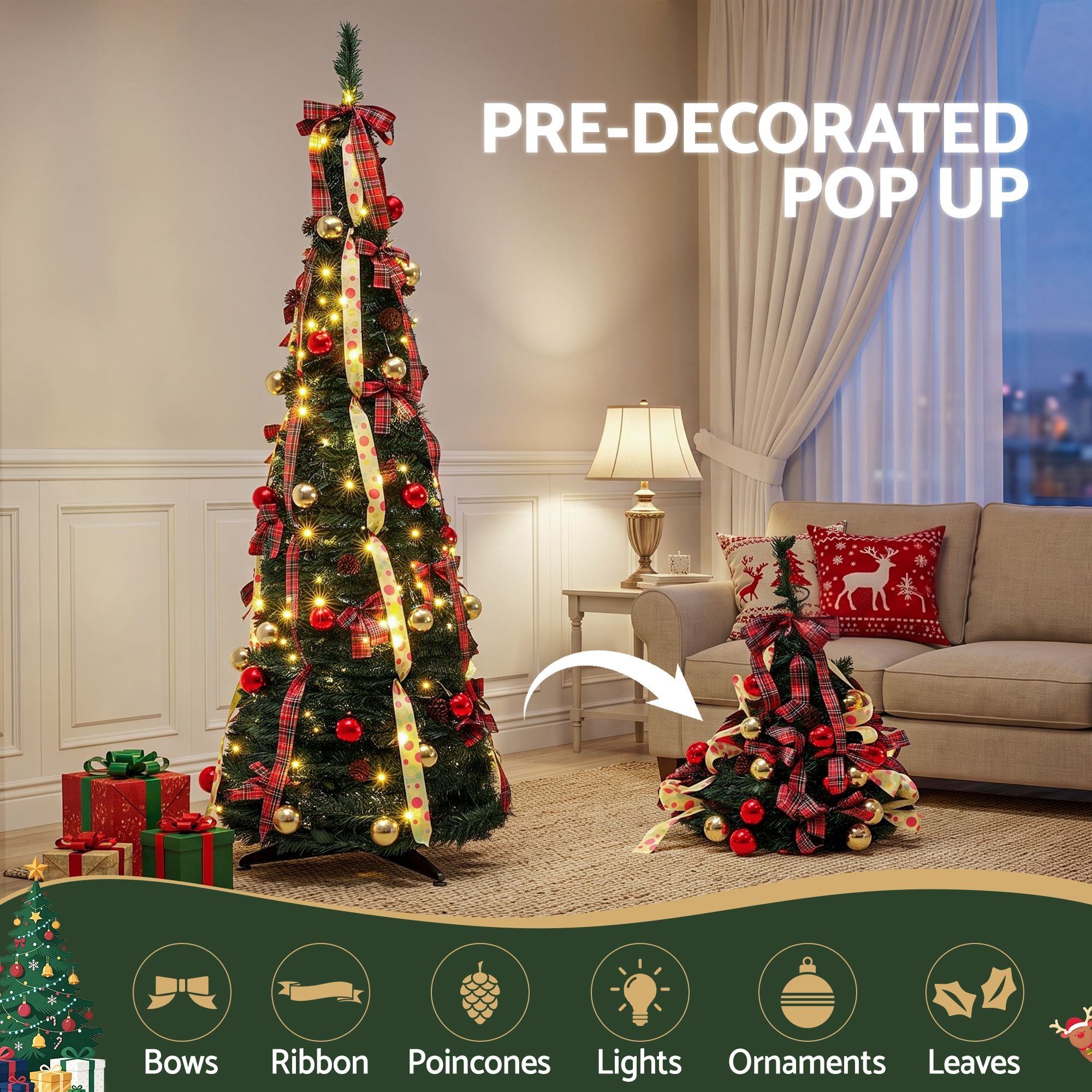 Jingle Jollys Pop Up Christmas Tree Pre Decorated Artificial Christmas Tree 197cm