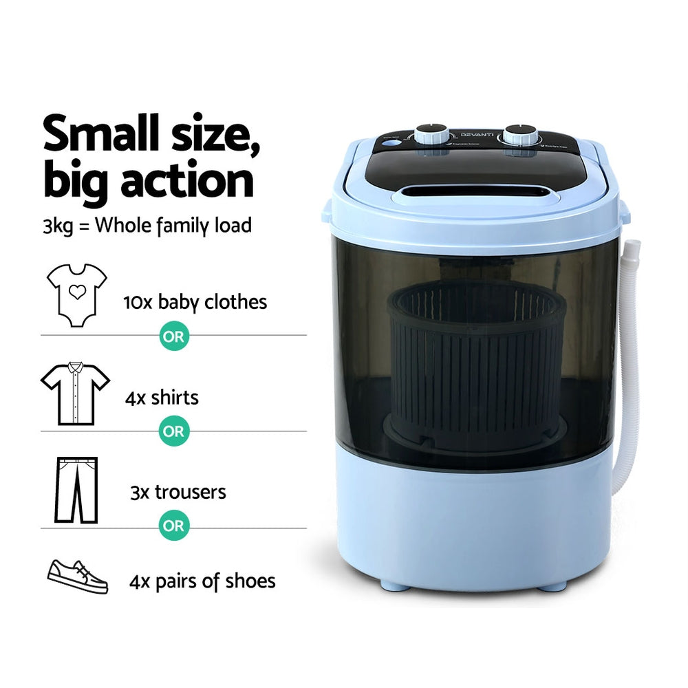 Devanti 3kg Portable Washing Machine 2-in-1 Black