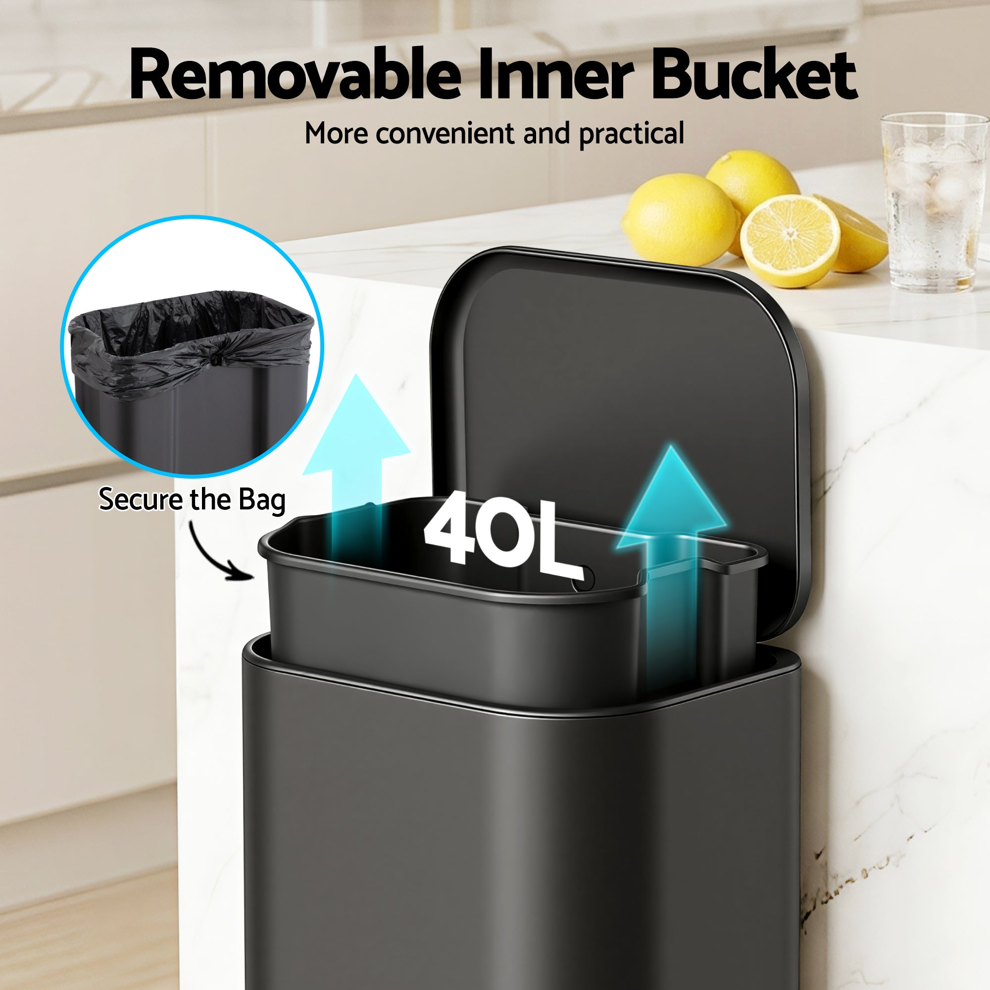 Cefito Kitchen Trash Can 40L Pedal Bins Rubbish Bin Steel with Soft Close Lid, Removable Inner Bucket, Rectangular Garbage Can Recycling Bin, Black