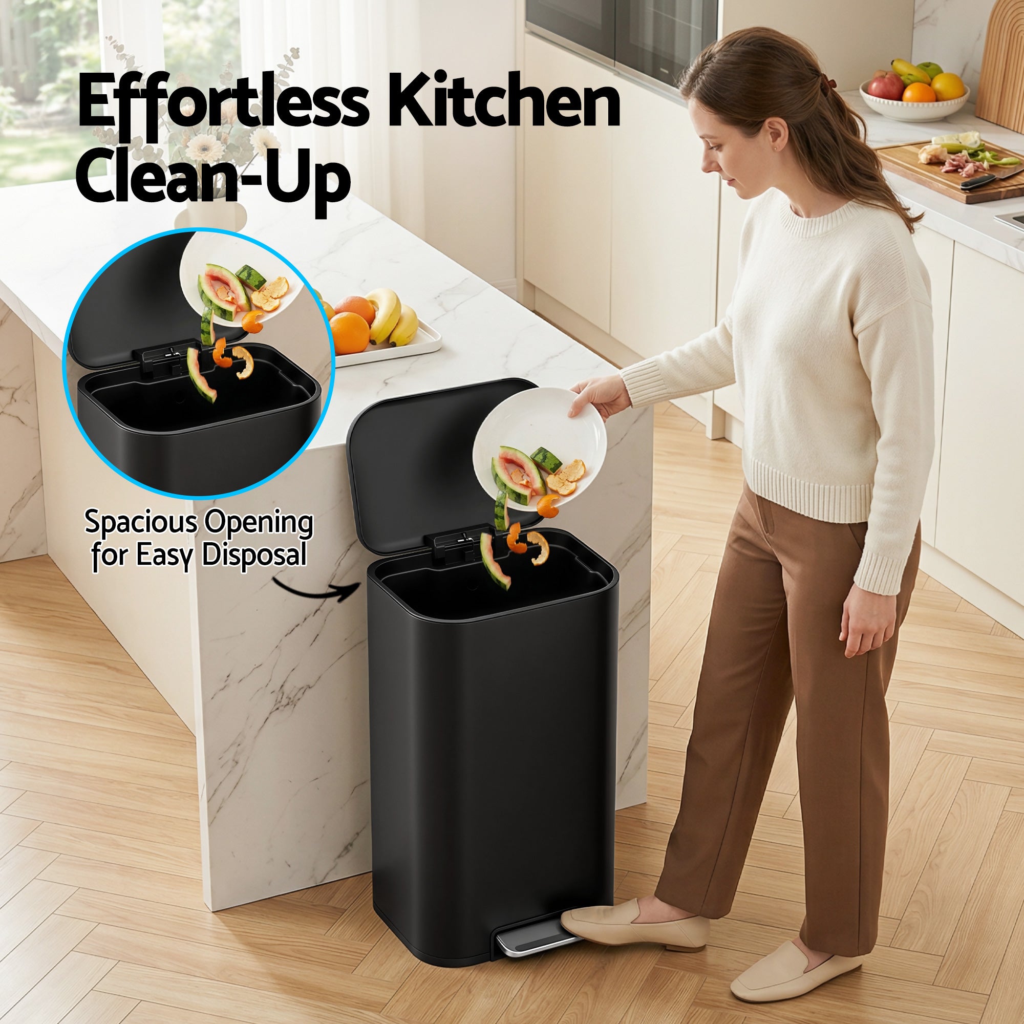 Cefito Kitchen Trash Can 40L Pedal Bins Rubbish Bin Steel with Soft Close Lid, Removable Inner Bucket, Rectangular Garbage Can Recycling Bin, Black