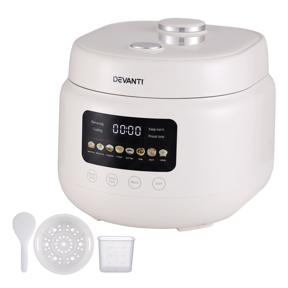 Devanti 3L Rice Cooker 6 Cup 8-in-1 Multi Cooker Off-White
