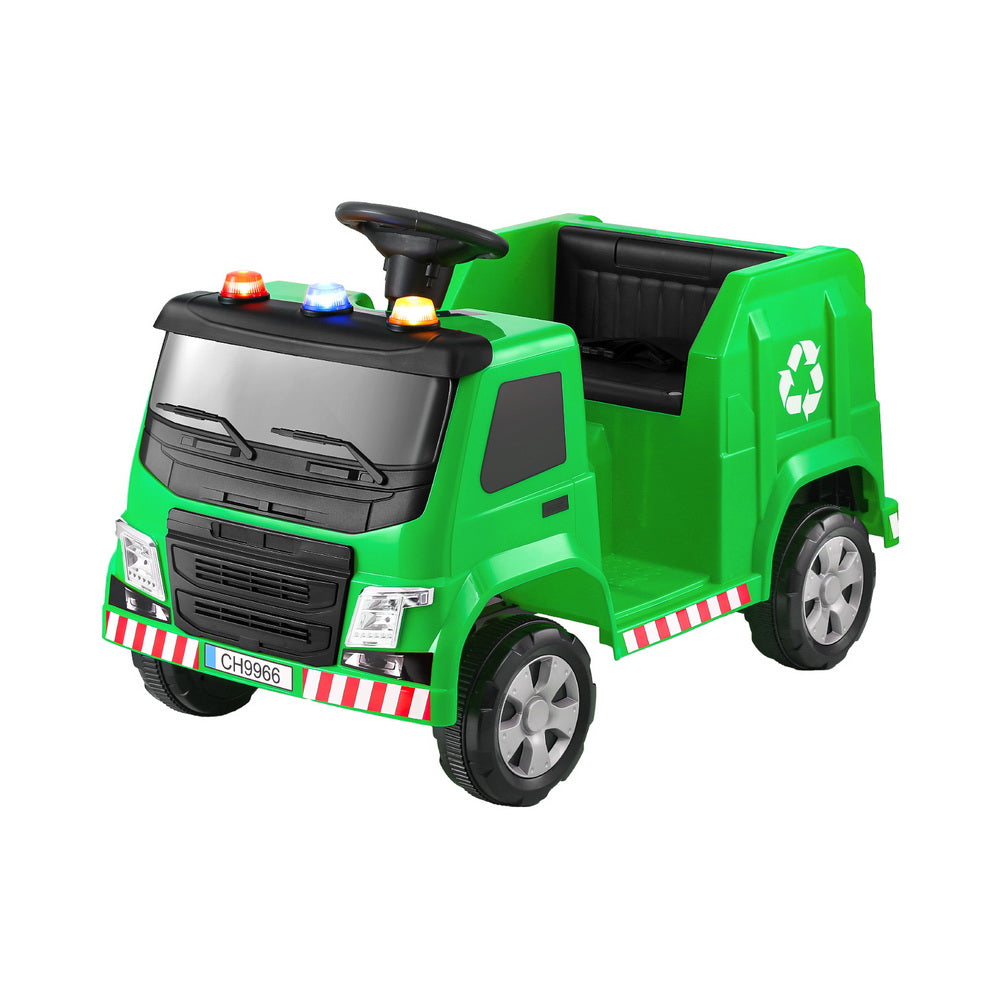 Rigo 12V Kids Ride-On Garbage Truck Green Police Light