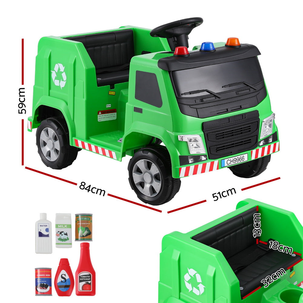 Rigo 12V Kids Ride-On Garbage Truck Green Police Light