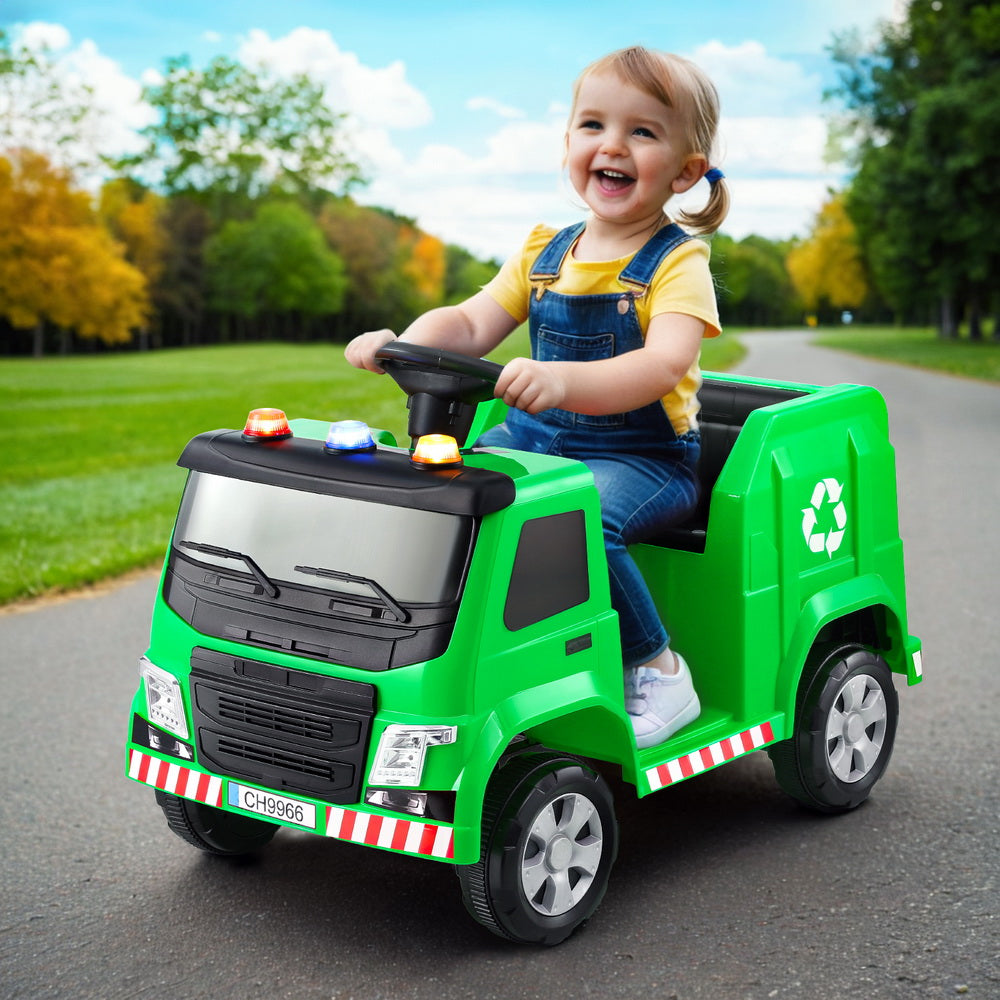 Rigo 12V Kids Ride-On Garbage Truck Green Police Light